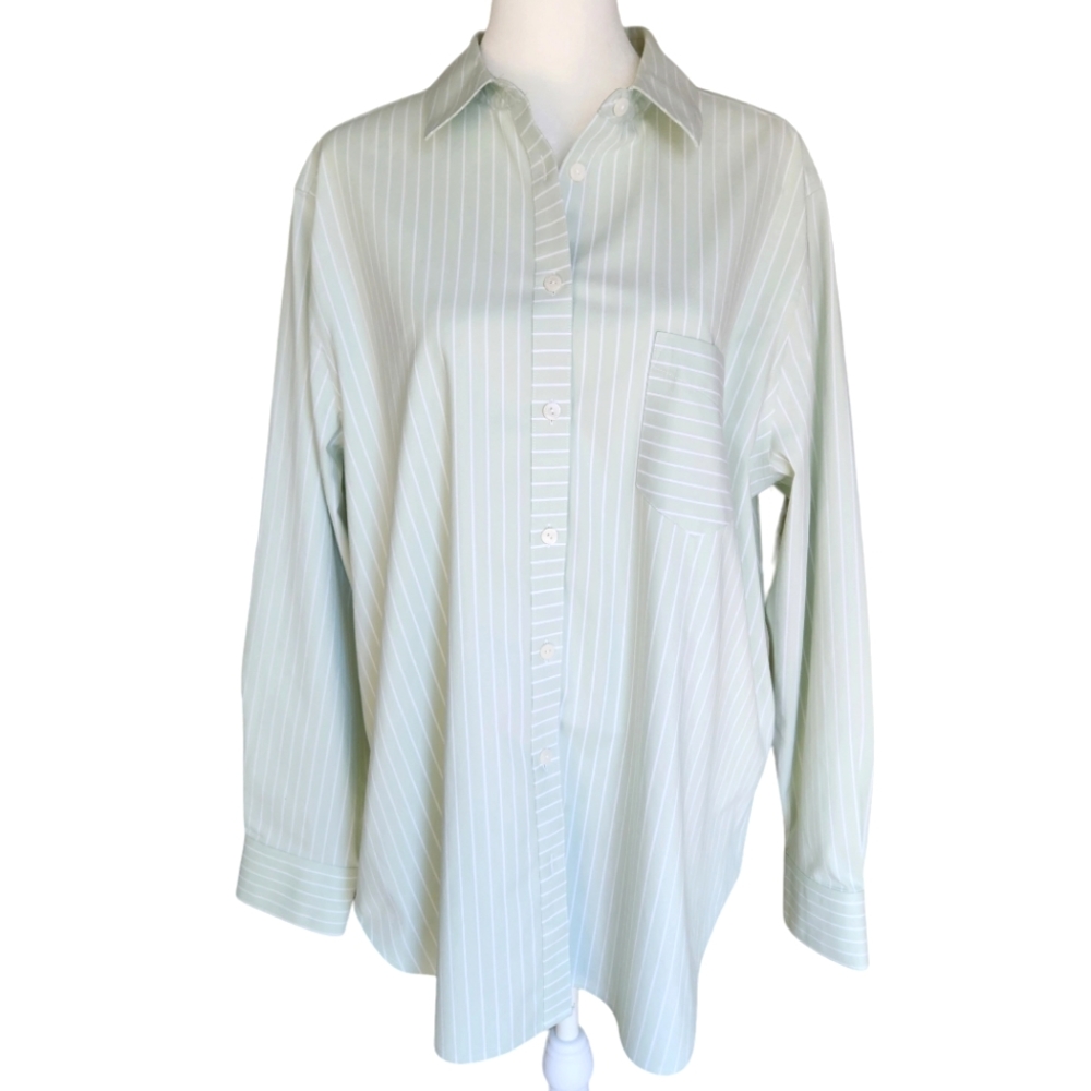 Foxcroft Striped Light Green White Button Up Blouse 14 Large